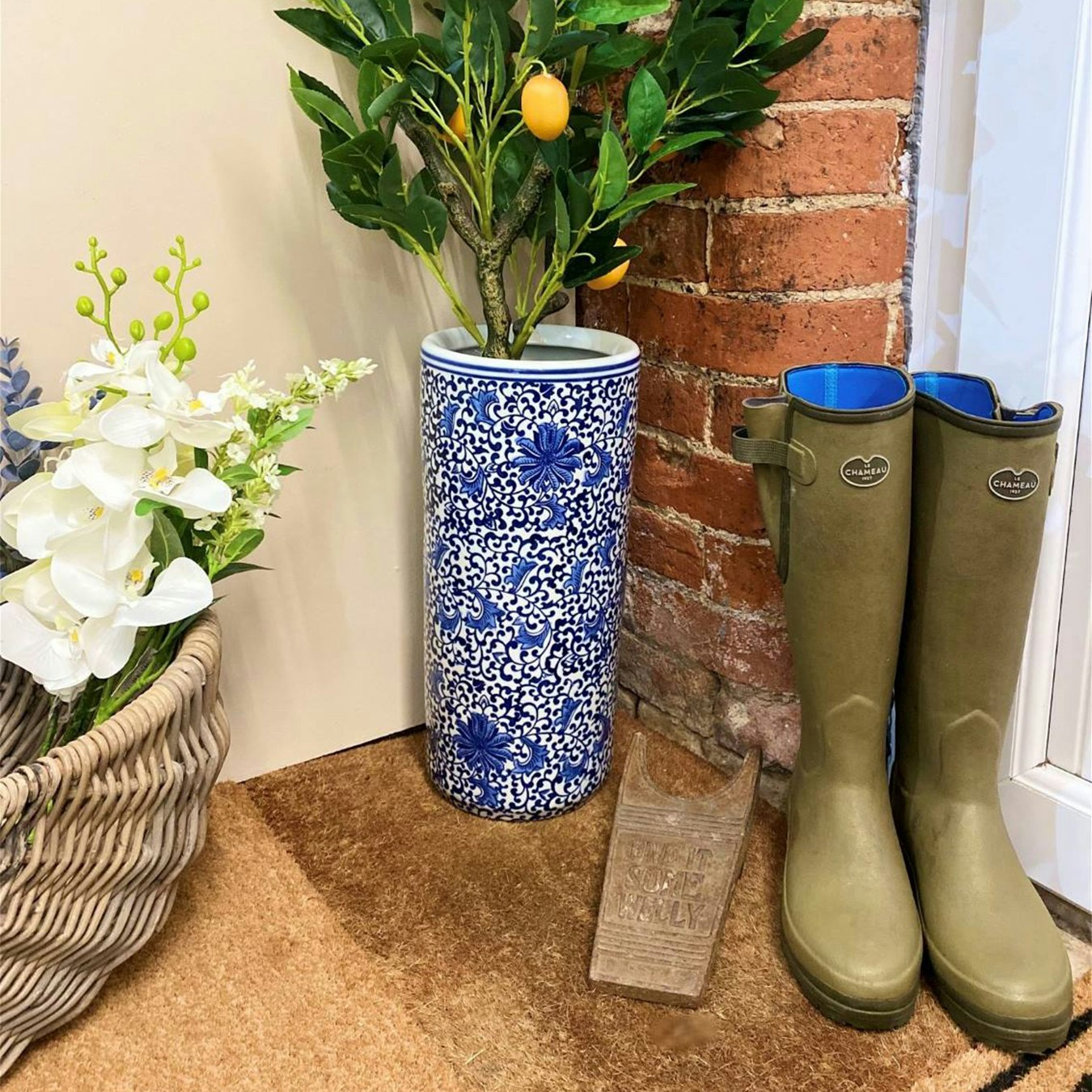 Floral Print Umbrella Stand - White / Blue by Geko Products