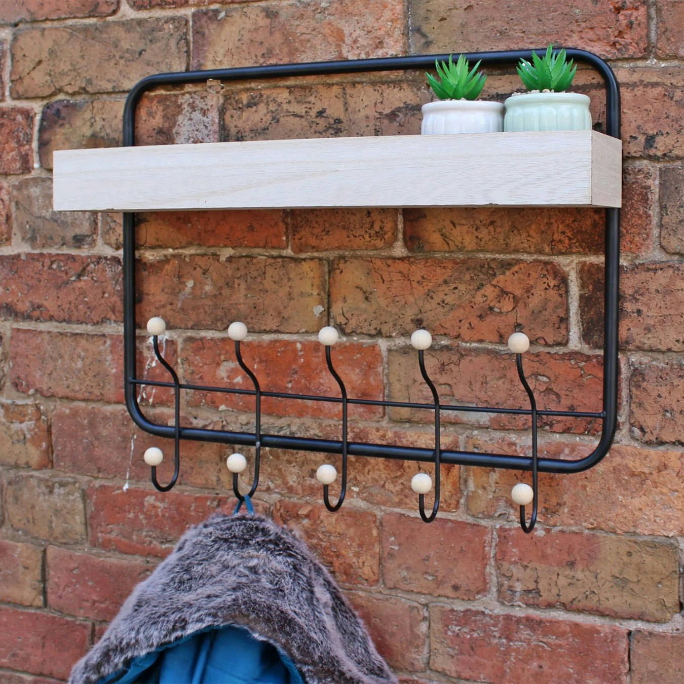 Wall Hanging Shelf with Coat Hooks - Black / White by Geko Products