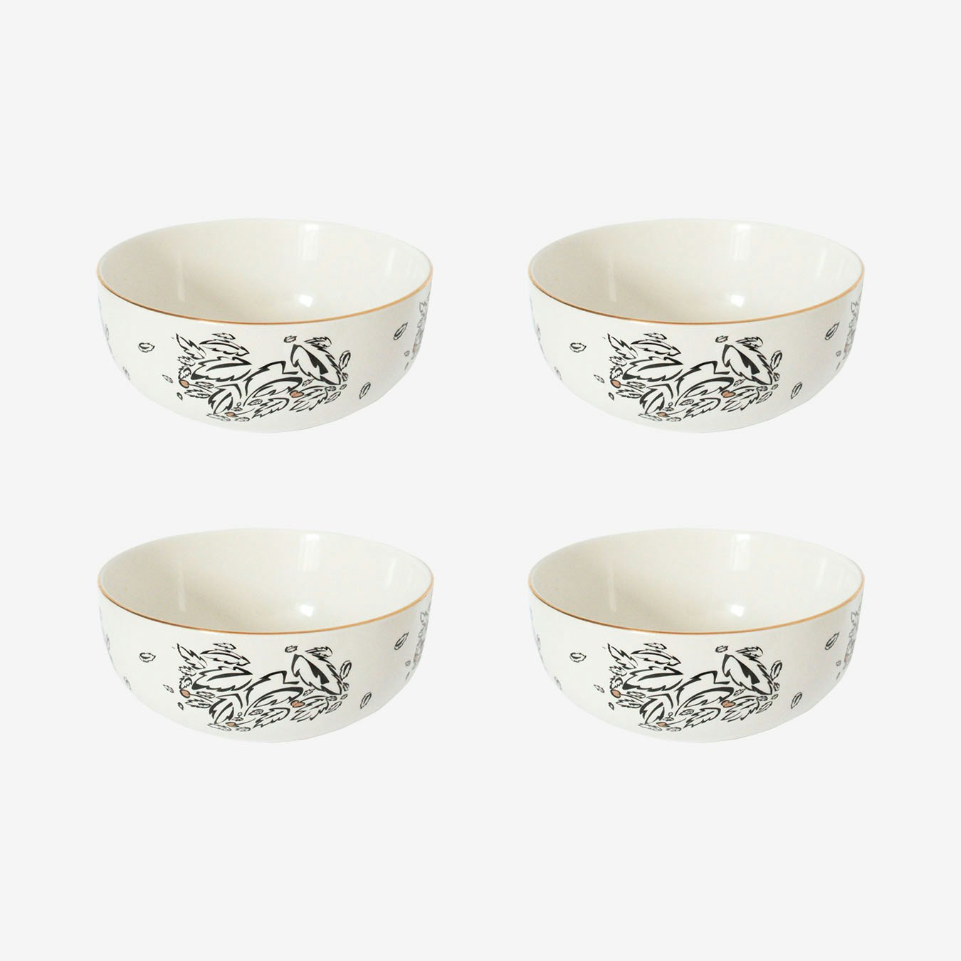 Cereal Bowls - White Leaves - Set of 4 by Milly Sands