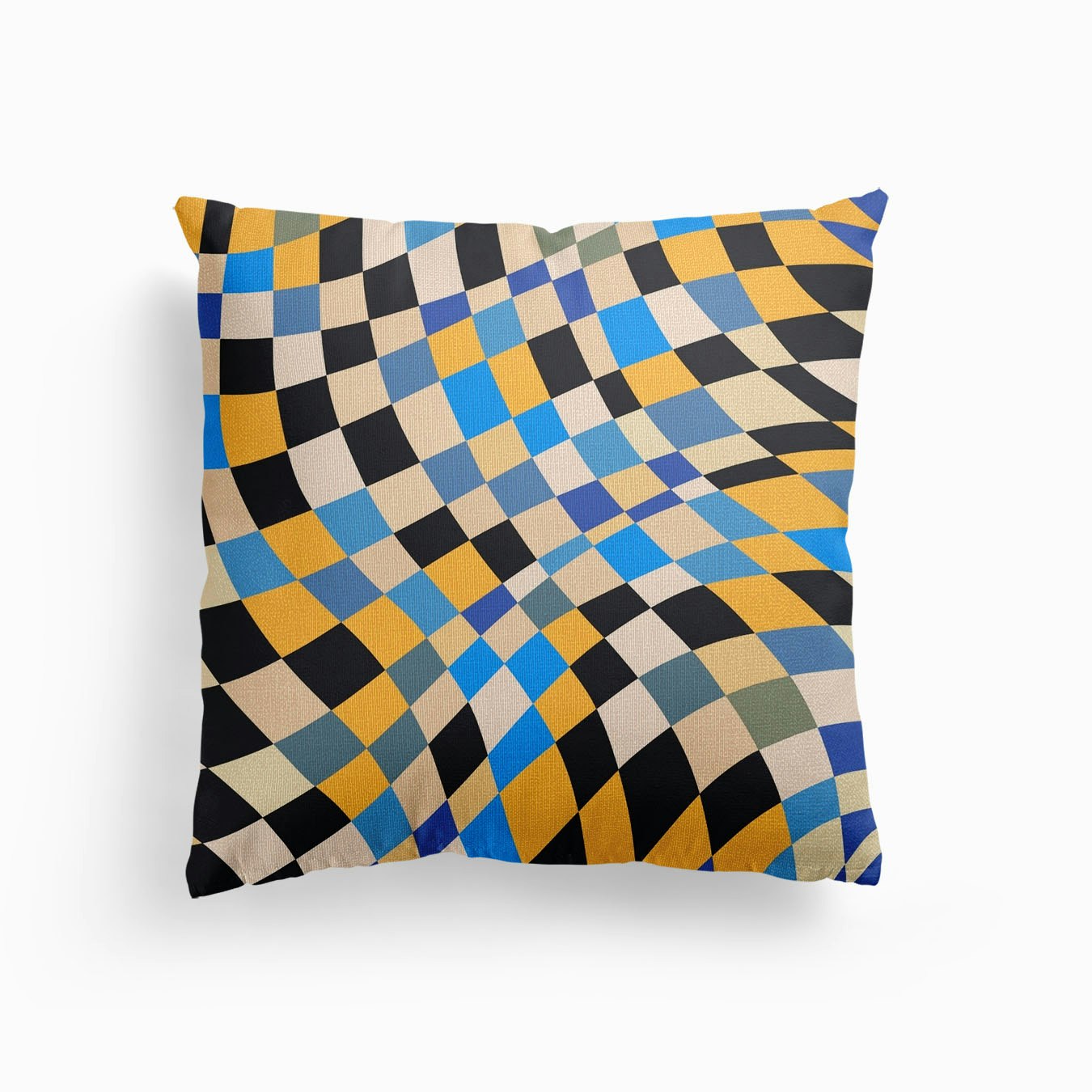 Retro Blue Black Checker Canvas Cushion by Little Dean