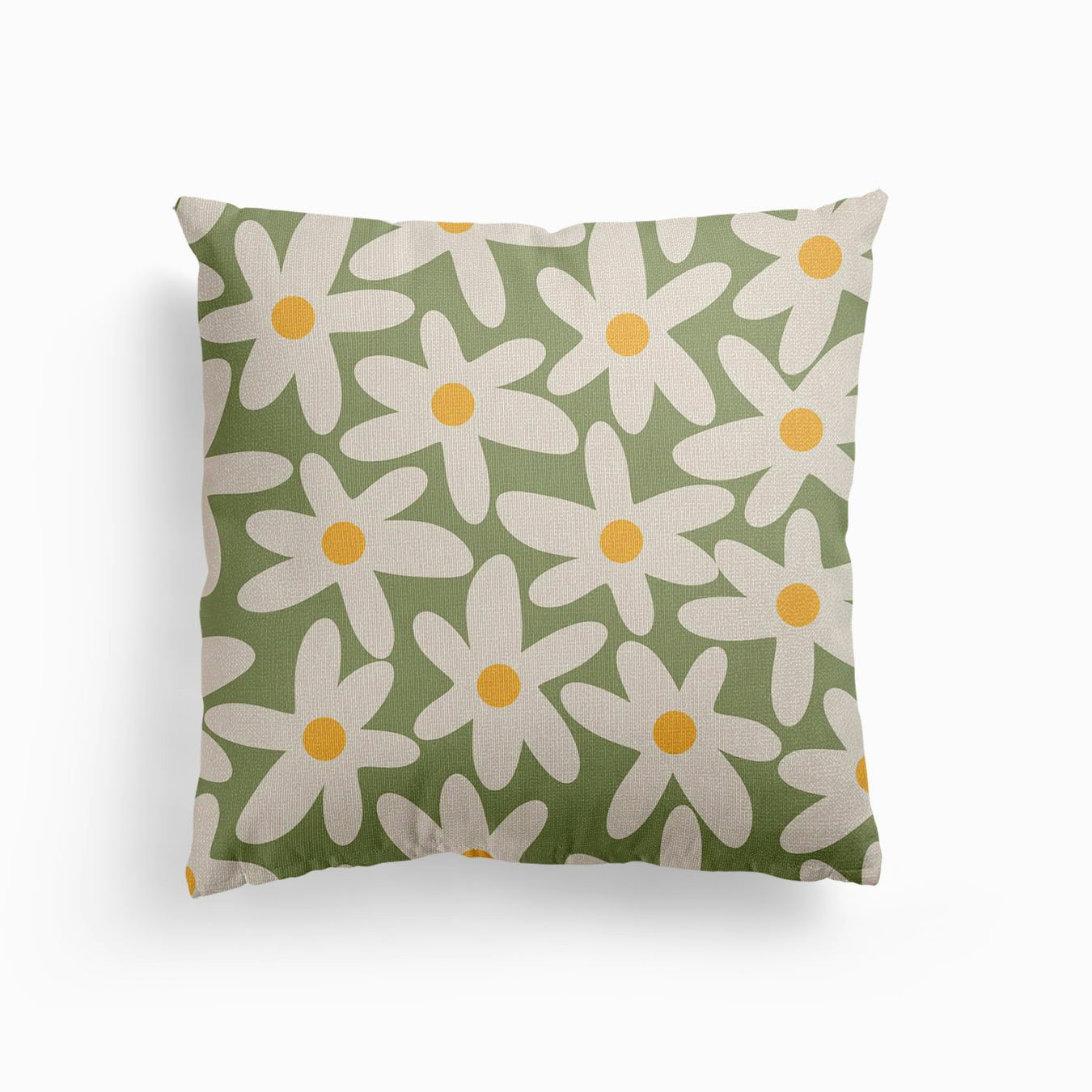 Daisy Time Retro Floral Pattern Green Beige Mustard Canvas Cojín