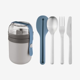 Leo Dual Lunch Box and Flatware Set - Blue / Grey - Set of 5