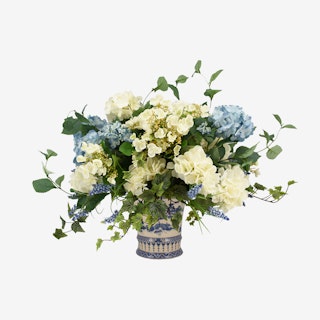 Hydrangeas with Viburnum, Muscari and Ivy Floral Arrangement in Vase - Blue / White