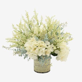 Hydrangea, Heather and Eucalyptus Floral Arrangement in Label Vase - White