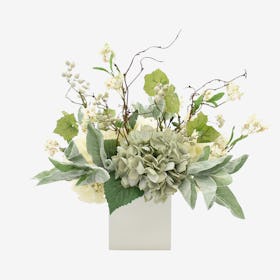 Hydrangea with Berry Floral Arrangement in Square Pot - Seafoam / White