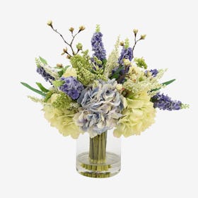 Hydrangea with Heather Floral Arrangement in Vase - Green / Purple / White