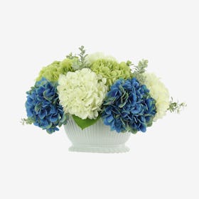 Hydrangea Floral Arrangement in Ribbed Vase - Green / White / Blue