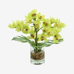 Orchid and Philodendron Leaves Floral Arrangement in Vase - Green