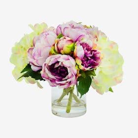 Peony and Hydrangea Floral Arrangement in Vase - Purple / White