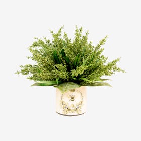 Artificial Heather Floral Arrangement in Bee Label Vase - Green