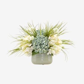 Hydrangea and Allium Floral Arrangement in Vase - Seafoam / Cream