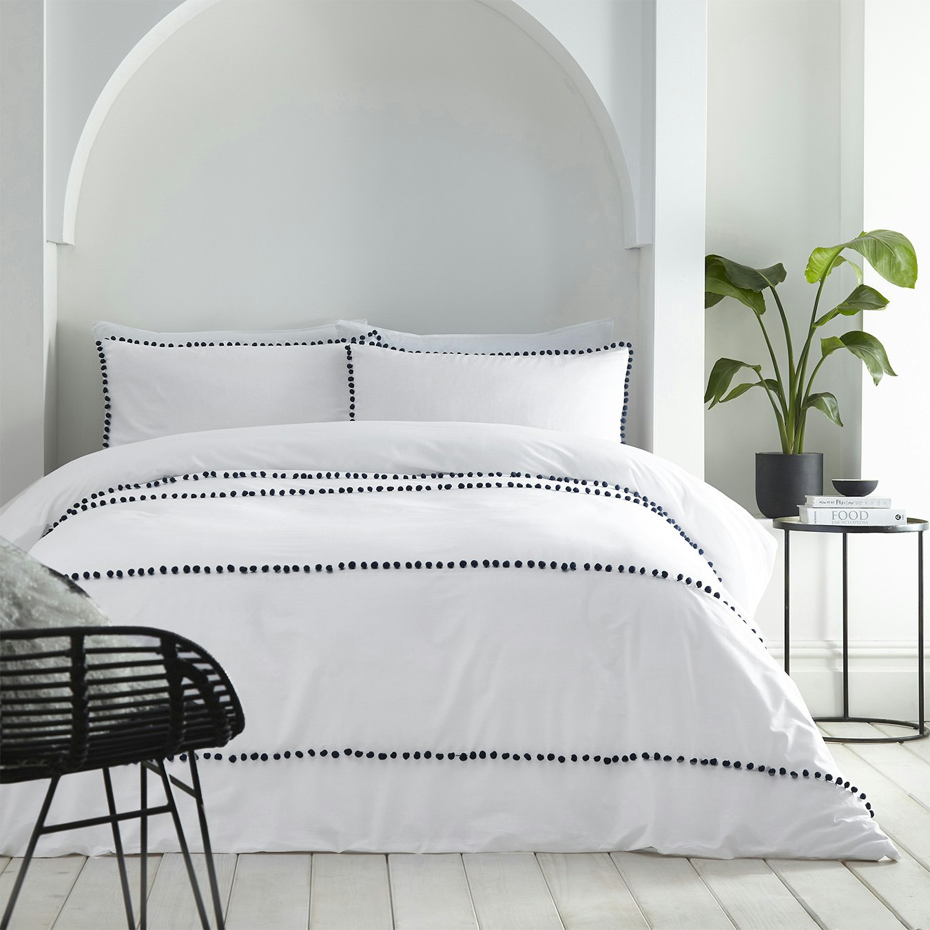 Lyra Pom Pom Duvet Cover Set - White / Navy by Appletree Boutique