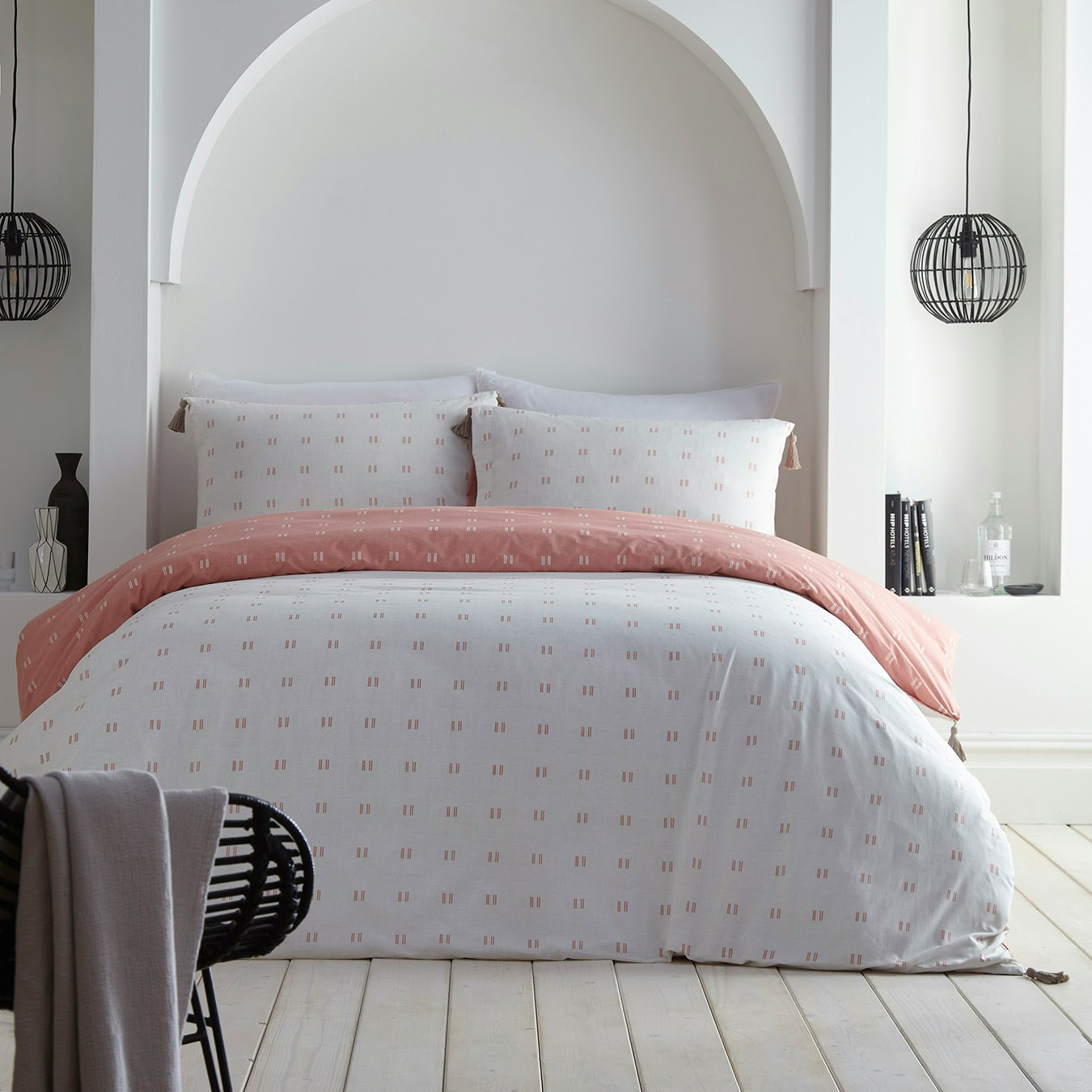 Double Tick Tasselled Duvet Cover Set - Dark Coral by Appletree Loft