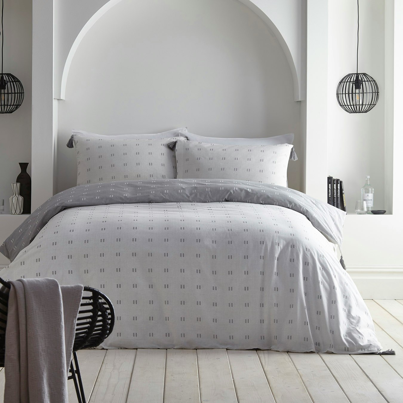 Double Tick Tasselled Duvet Cover Set - Silver by Appletree Loft