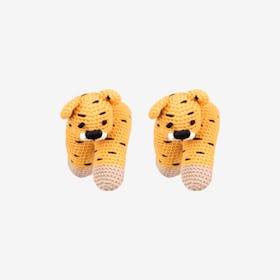 Runner Cheetah Two Finger Puppets - Yellow / Black - Organic Cotton Yarn - Set of 2 - Hand-Knitted