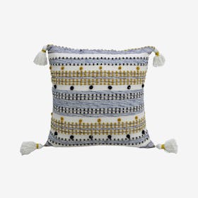 Striped Pillow with Mini Poms and Tassels - Blue / Yellow