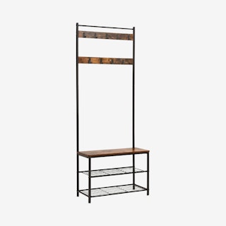 9-Hook Coat Rack with Storage Shelves - Brown / Black - Metal / Wood