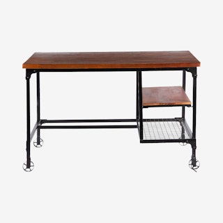 Industrial 2-Shelf Desk - Brown / Black - Wood / Metal
