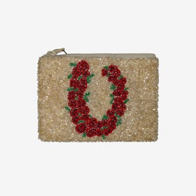 Horse Shoe / Roses Beaded Coin Purse - Gold / Red