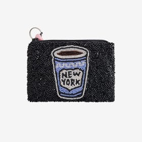 Coffee Cup Beaded Coin Purse - Black / Blue