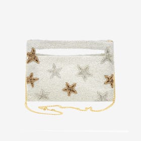 Stars Beaded Handbag - White / Gold / Silver