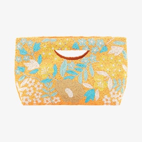 Beaded Cut-out Handle Clutch - Orange / Blue - Bright Floral