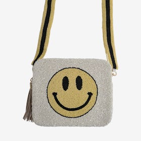 Smiley Beaded Bag with Straps - White / Yellow