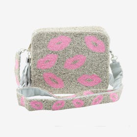 Beaded Crossbody Clutch - Silver / Pink - Kisses