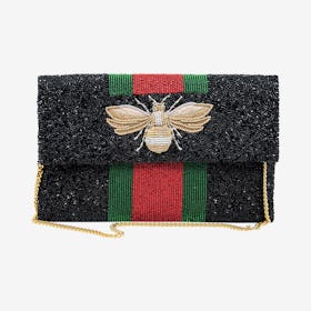 Beaded Half Flap Clutch - Red / Green - Stripes / Bee