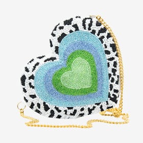 Beaded Heart Shape Bag - Blue / Animal