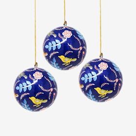Birds and Flowers Ornaments - Blue - Set of 3