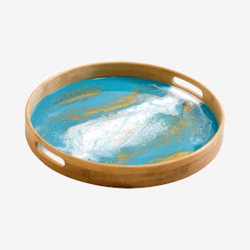 Round Bamboo Tray - Teal / White / Gold