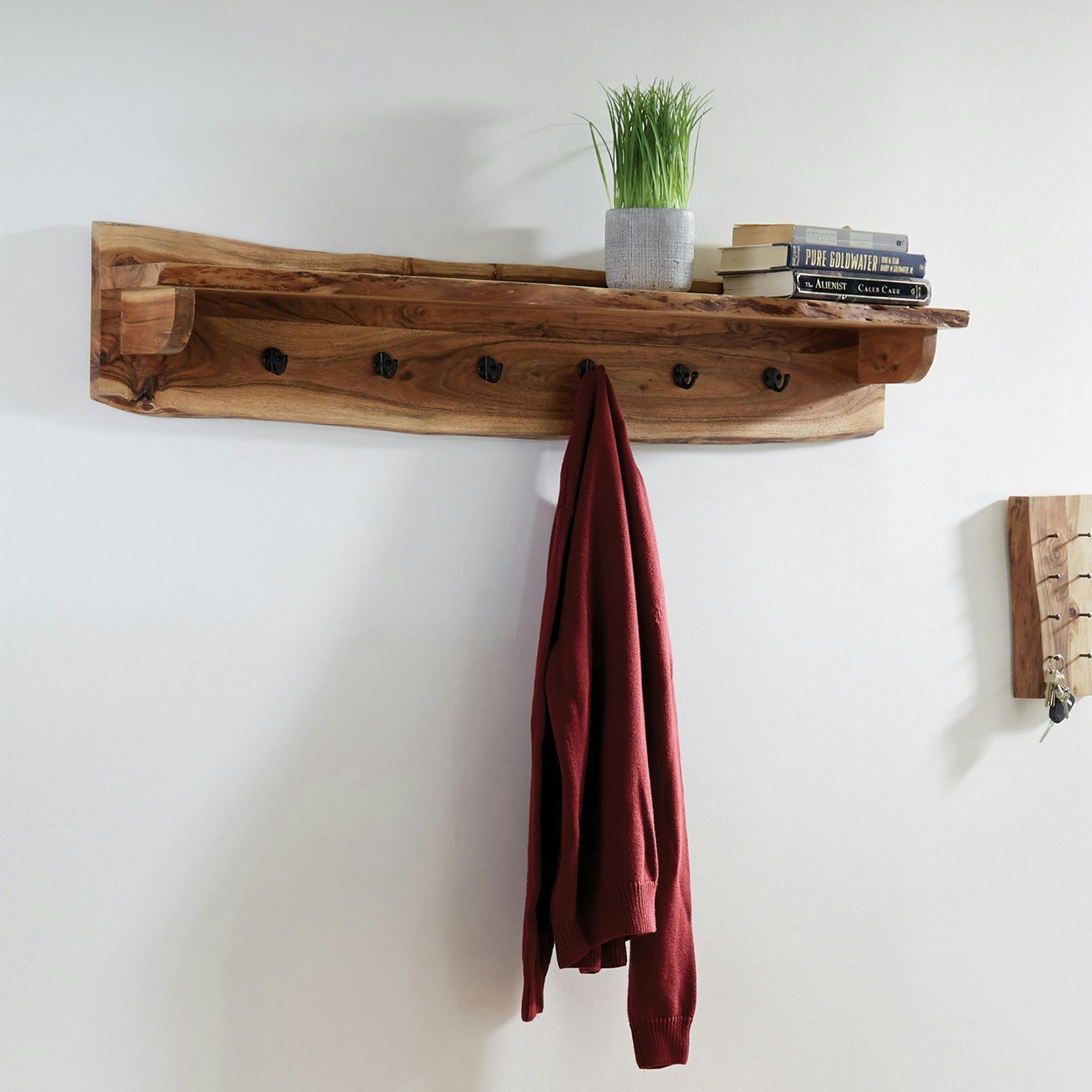 Alpine Live Edge 6-Hook Coat Hook with Shelf - Natural by Alaterre