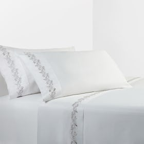 Scroll Embroidered Sheet Set - White / Gray