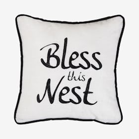 Bless This Nest Embroidery Pillow - White / Black