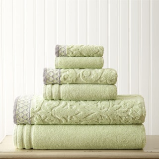 Damask Jacquard 6-Piece Embellished Border Towel Set - Sage
