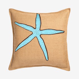 Starfish Print Burlap Pillow - Blue