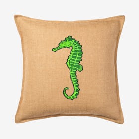 Seahorse Applique Burlap Pillow - Green