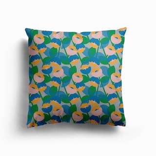 Yellow, Pink And Blue Graphic Flowers Canvas Cushion