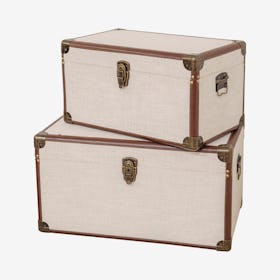 Linen & Faux Leather Storage Trunks - Set of 2