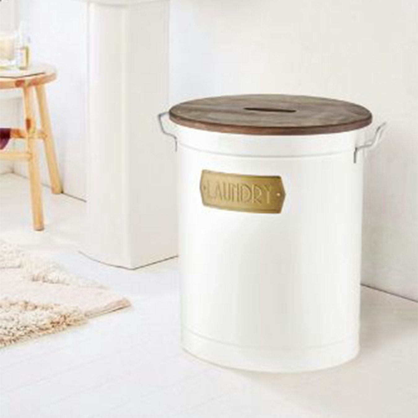 Laundry Bin With Wooden Lid - White by Rozi UK