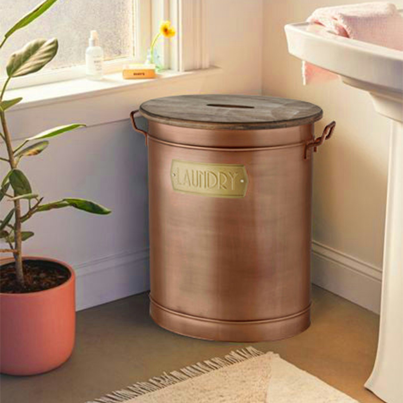 Laundry Bin With Wooden Lid - Copper by Rozi UK