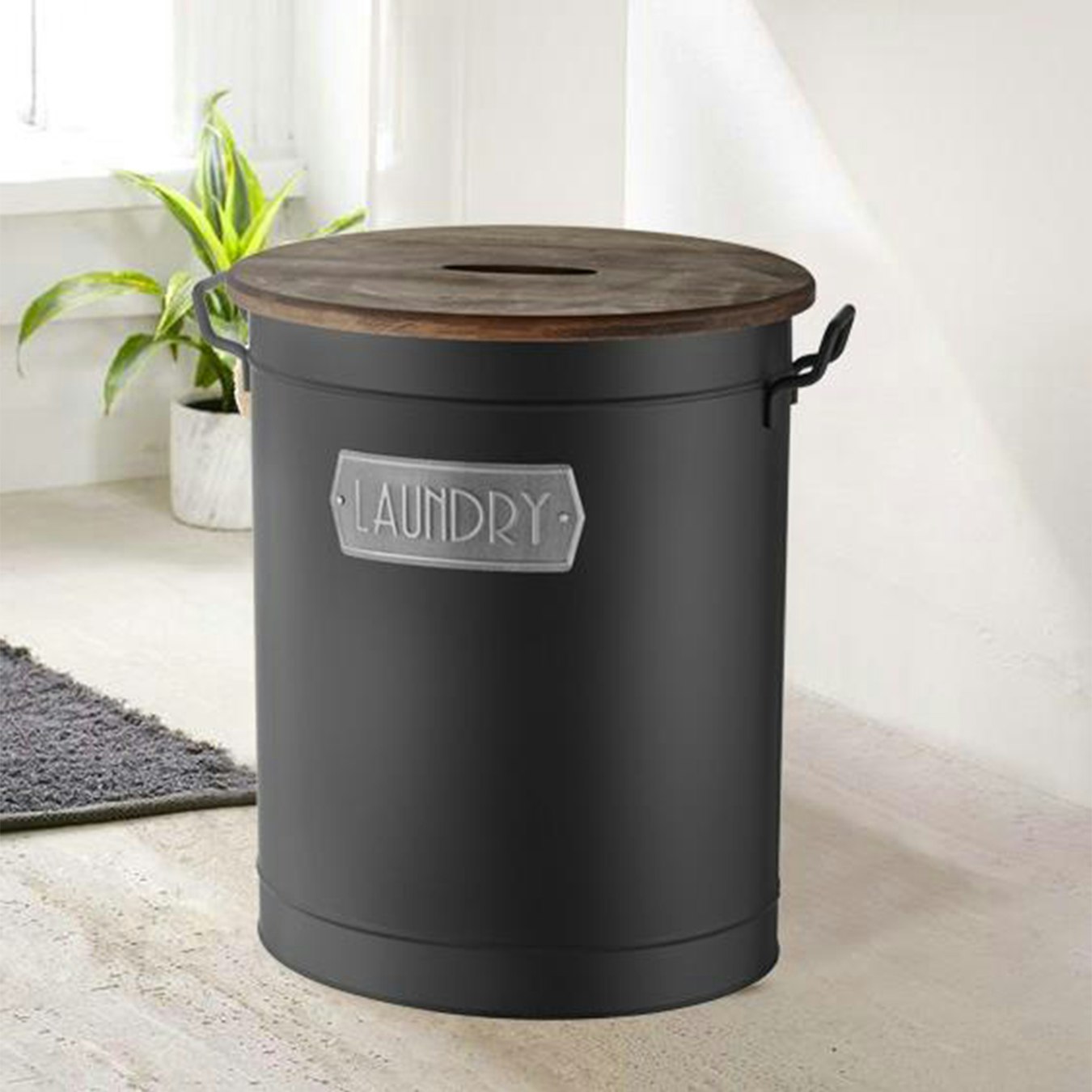 Laundry Bin With Wooden Lid - Black by Rozi UK
