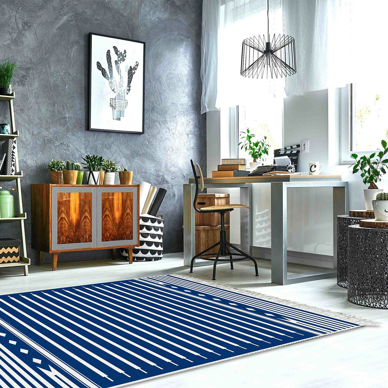 Large Double-Sided Kilim Rug - White / Blue by Rozi UK
