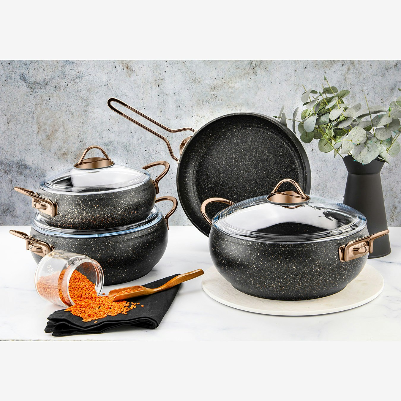 Alya Collection 7-Piece Non-Stick Cookware Set - Copper Handles by Rozi UK