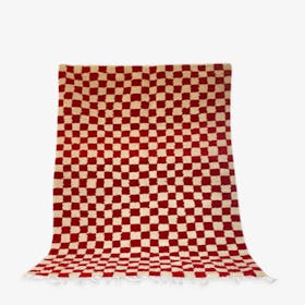 Moroccan Berber Checkered Rug w/Fringes - Red/White