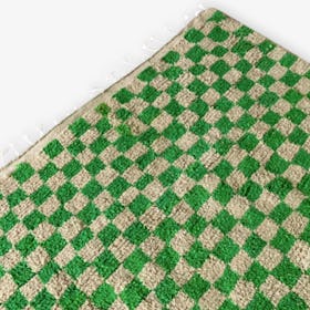 Moroccan Berber Checkered Rug w/Fringes - Bright Green/Cream