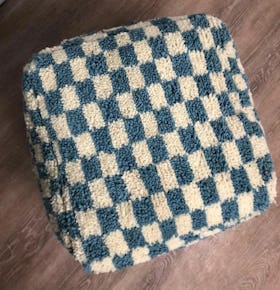 Moroccan Berber Checkered Pouf - Light Blue/Cream