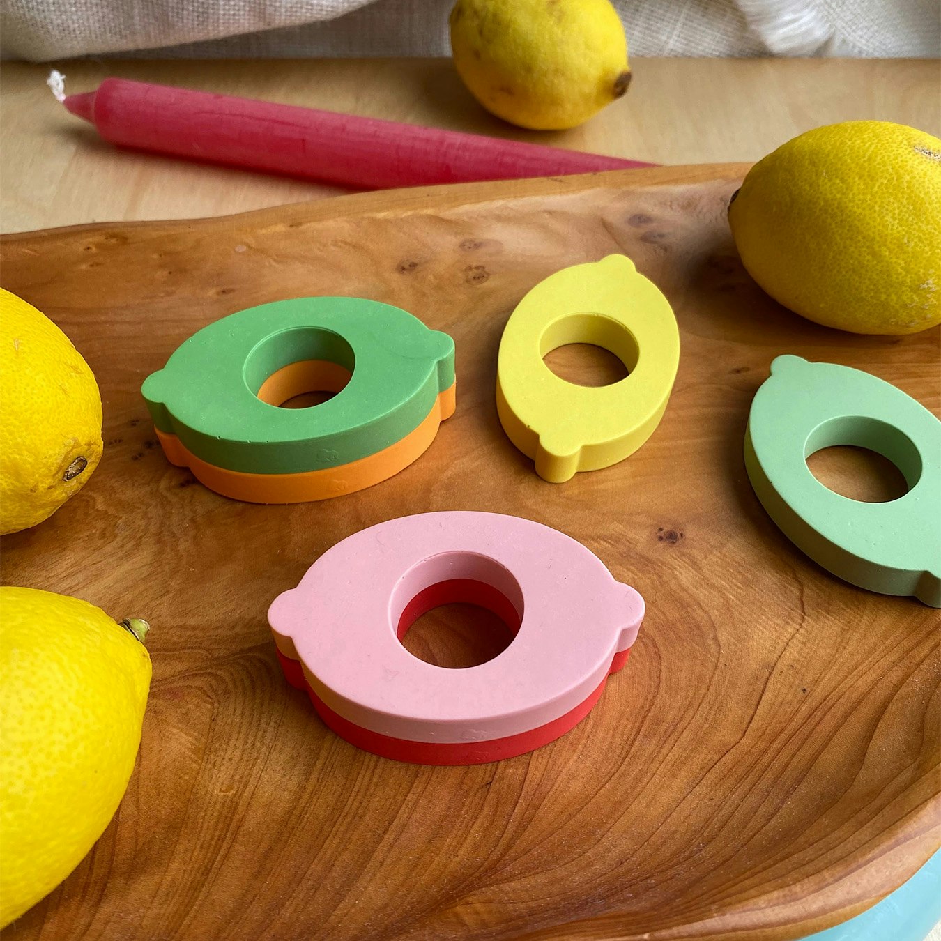 Lemon Shaped Candle Holder - Green / Yellow / Pink - Set Of 3 by Happy Rooms Home Decor
