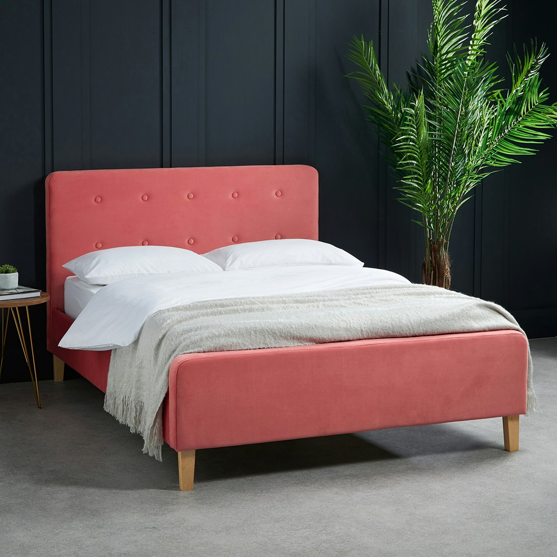 Pierre Velvet Upholstered Double Bed - Coral by G.M Furniture
